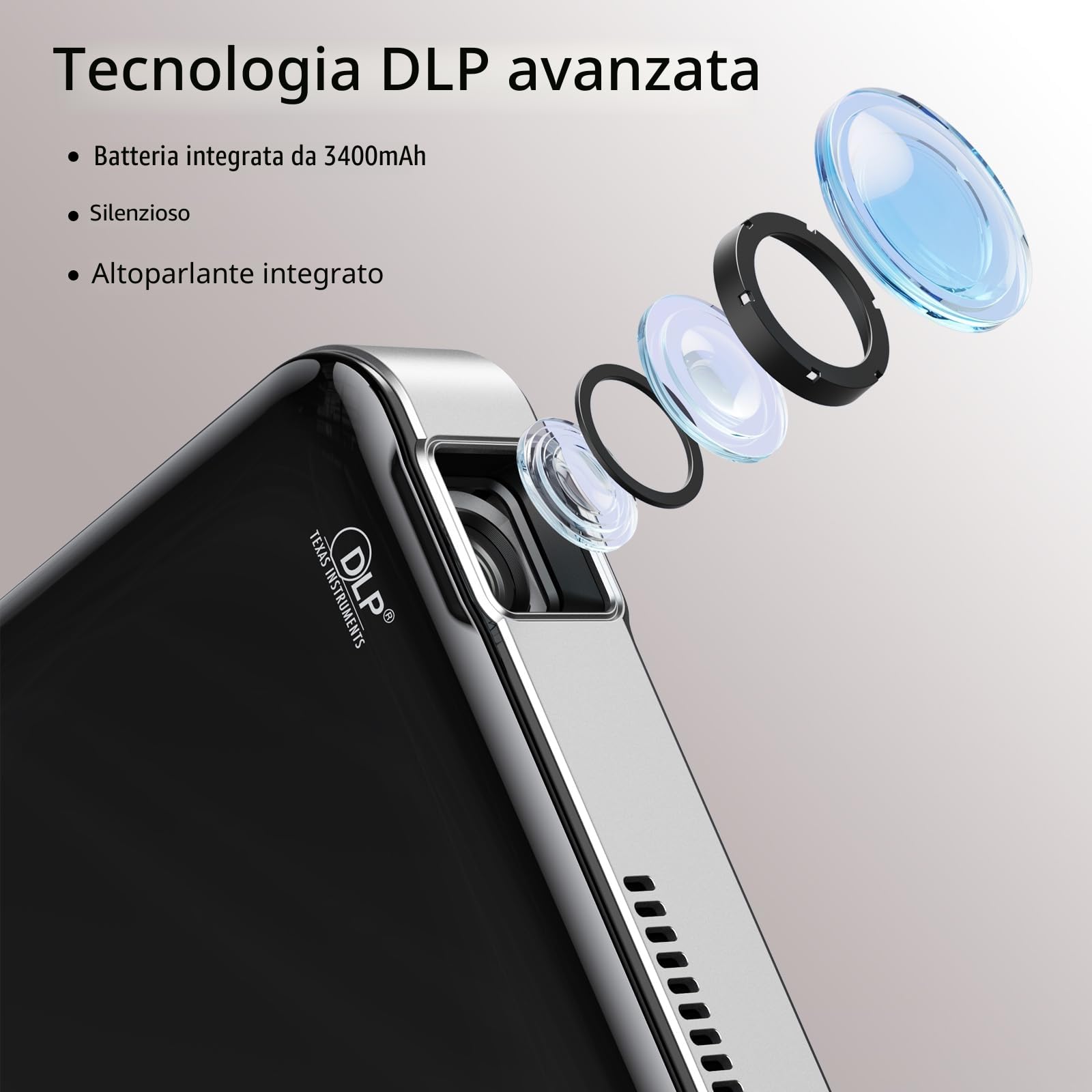 Yoton Mini Proiettore Portatile Y200 DLP, Videoproiettore con Batteria 3400mAh, Proiettore Silenzioso per Home Cinema/Campeggio, HDMI Compatibile PS5/Switch, Treppiede Incluso 2 Anni Garanzia