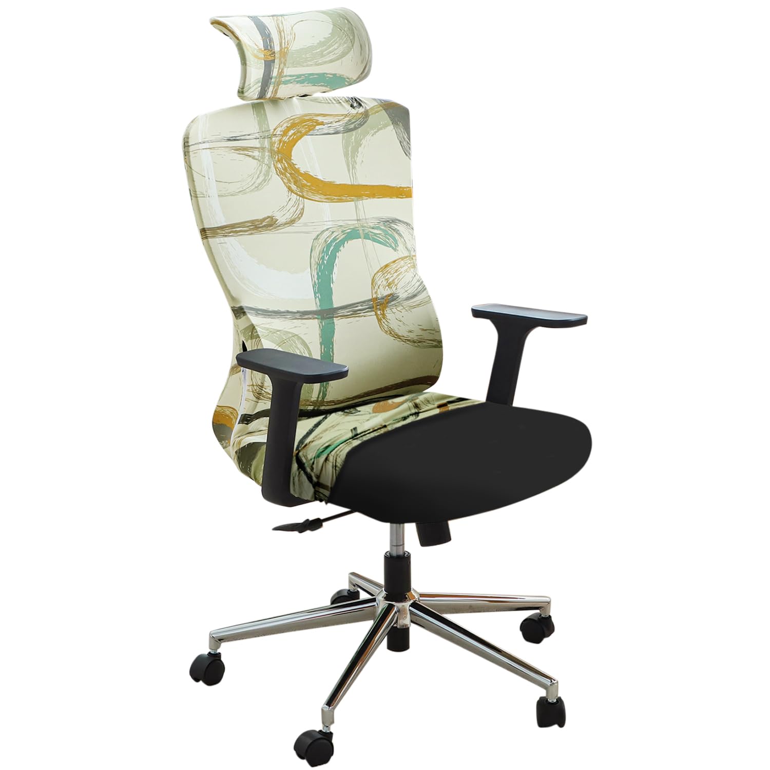 HOKIPO 'Elira Series' Office Chair Cover with Headrest (High-Back)- 140 GSM Stretch Fabric- Washable, Anti-Slip Fit for Ergonomic Mesh Office Chairs, Parchement Beige Abstract Art (AR-5367-C6)