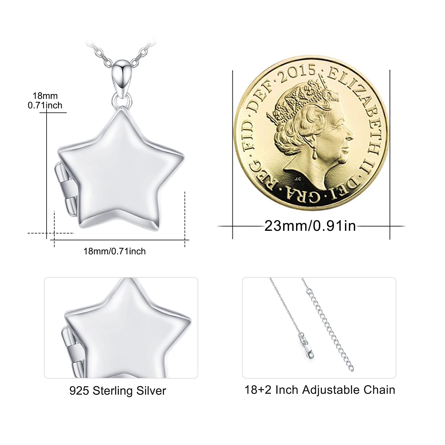 OHAYOO Medallón para abrir imágenes de plata de ley 925, cadena de estrella para niñas con imagen de estrella, colgante con foto amuleto para abrir estrellas, joyas regalos para mujeres, niñas y niños