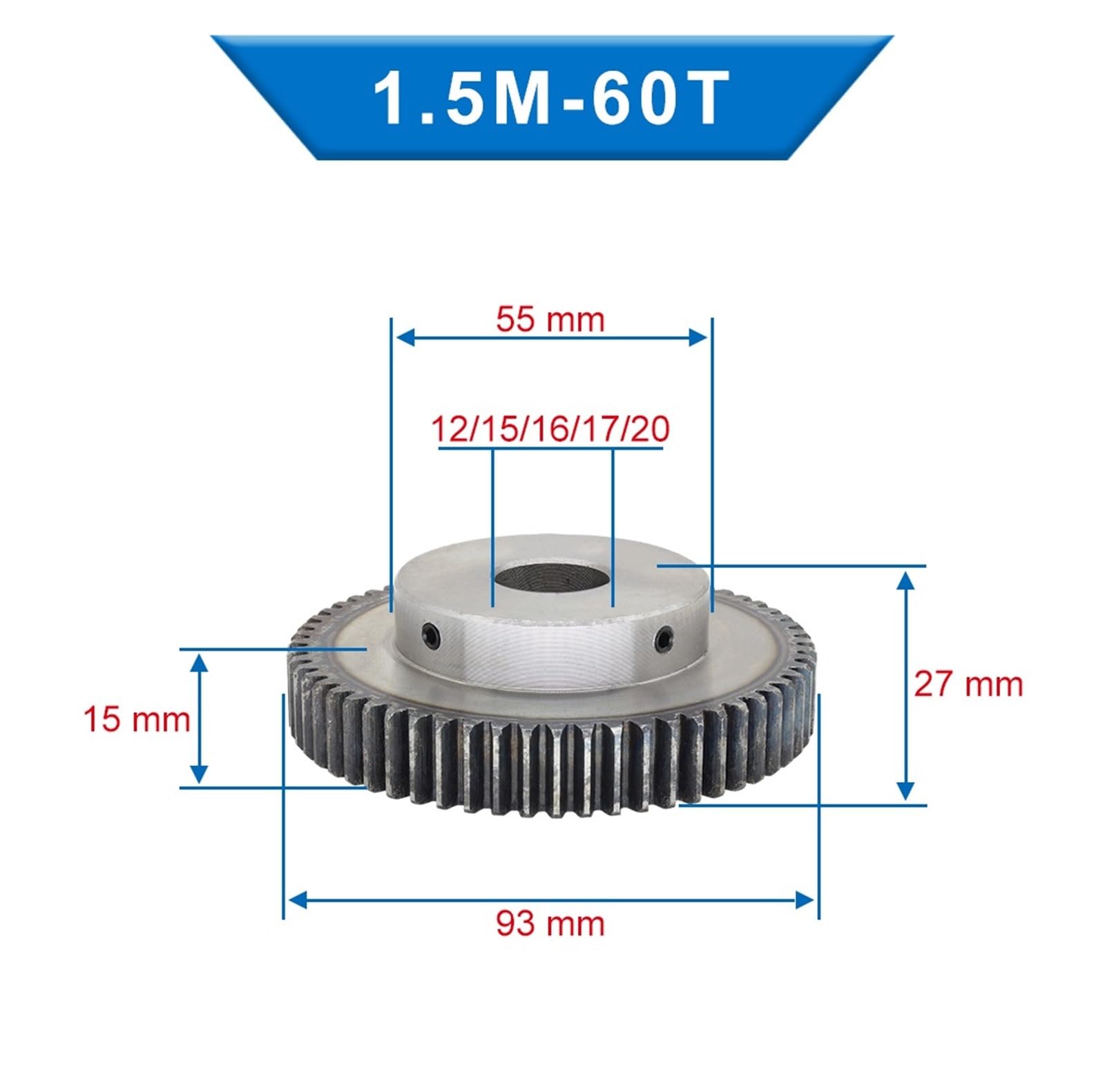 Bevel Gear Pinion Hardware Mechanical 1pcs 1.5M60T Spur Gear Bore 12/15/16/17/20mm Pinion Gear Low Carbon Steel Gear Wheel(16mm)
