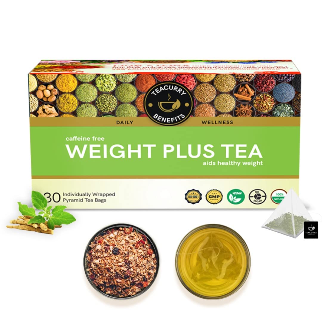 TEACURRY Weight Gain Tea for Men & Women - Green and Ayurvedic Herbal Tea to Help Gain Mass - 30 Tea Bags
