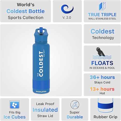 Miniatura 76 de Coldest - Botella de agua deportiva con tapa con popote y asa, a prueba de fugas, de acero inoxidable con aislamiento al vacío de doble pared,