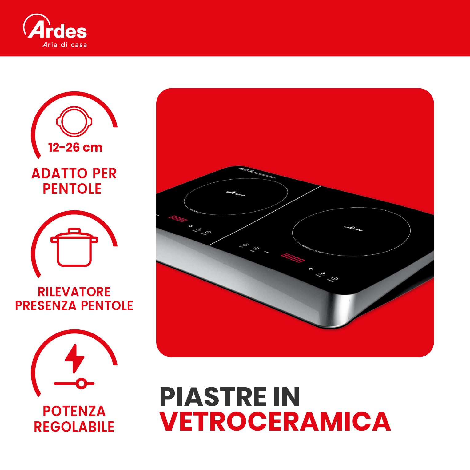 Ardes KOOKIE DUO Fornello Elettrico 2000 W + 1500 W con 2 Piastre a Induzione, Display Digitale e Temperatura Regolabile fino a 240°C, Colore Nero