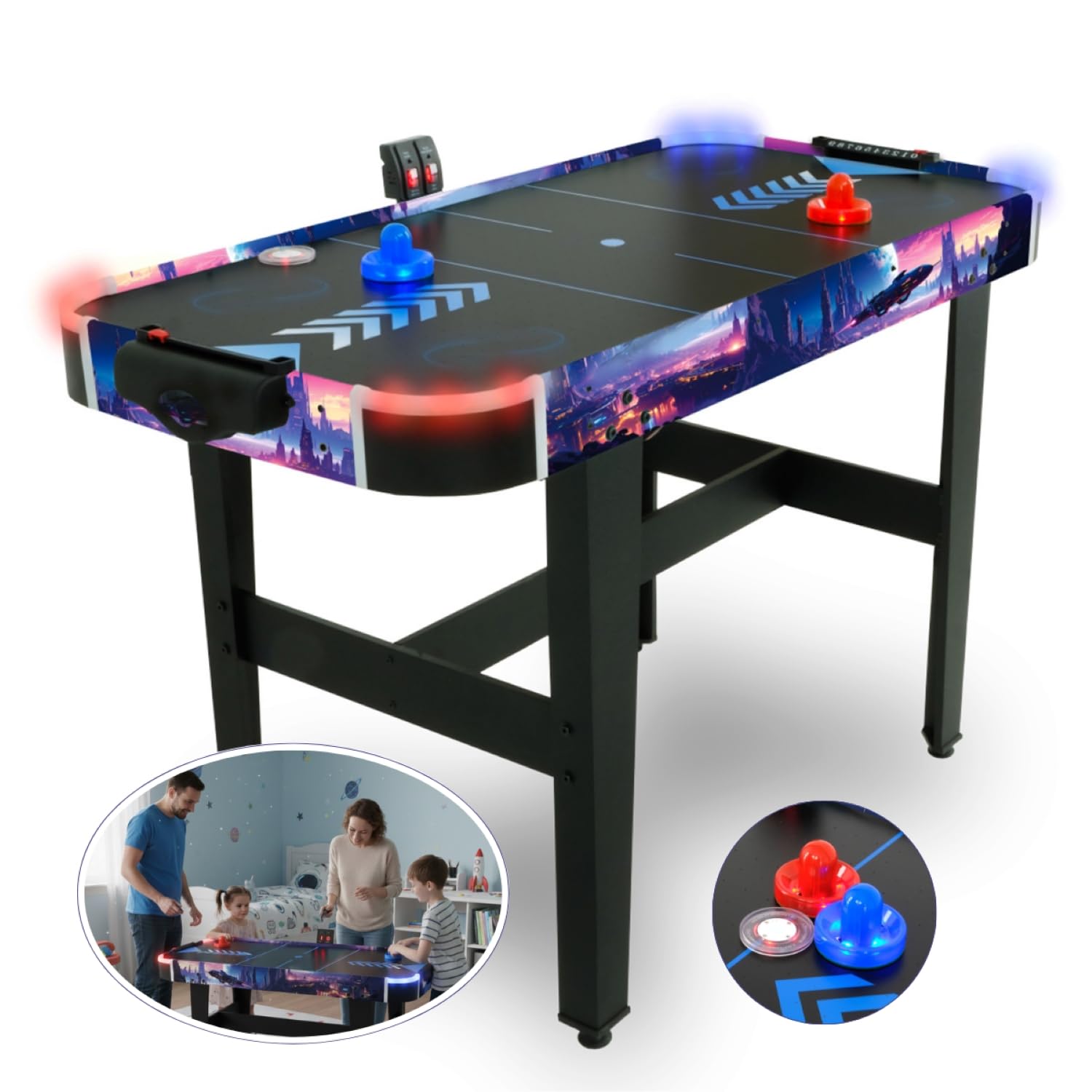 LED-Airhockey Spieltisch von FASports, Air Hockey Kinder/Jugendliche ab 8 Jahren, Airhockey Spieltisch mit Luft inkl. leuchtende Pusher und Pucks