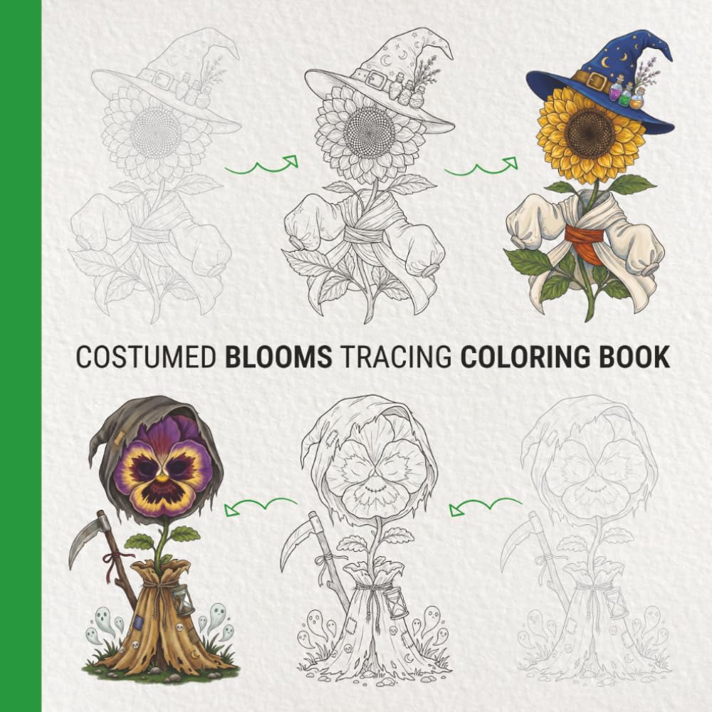Costumed Blooms Tracing Coloring Book: Relax with Ink Tracing as You Outline and Color Light Gray Lines of Creepy Flowers (Trace, Reveal, Color)