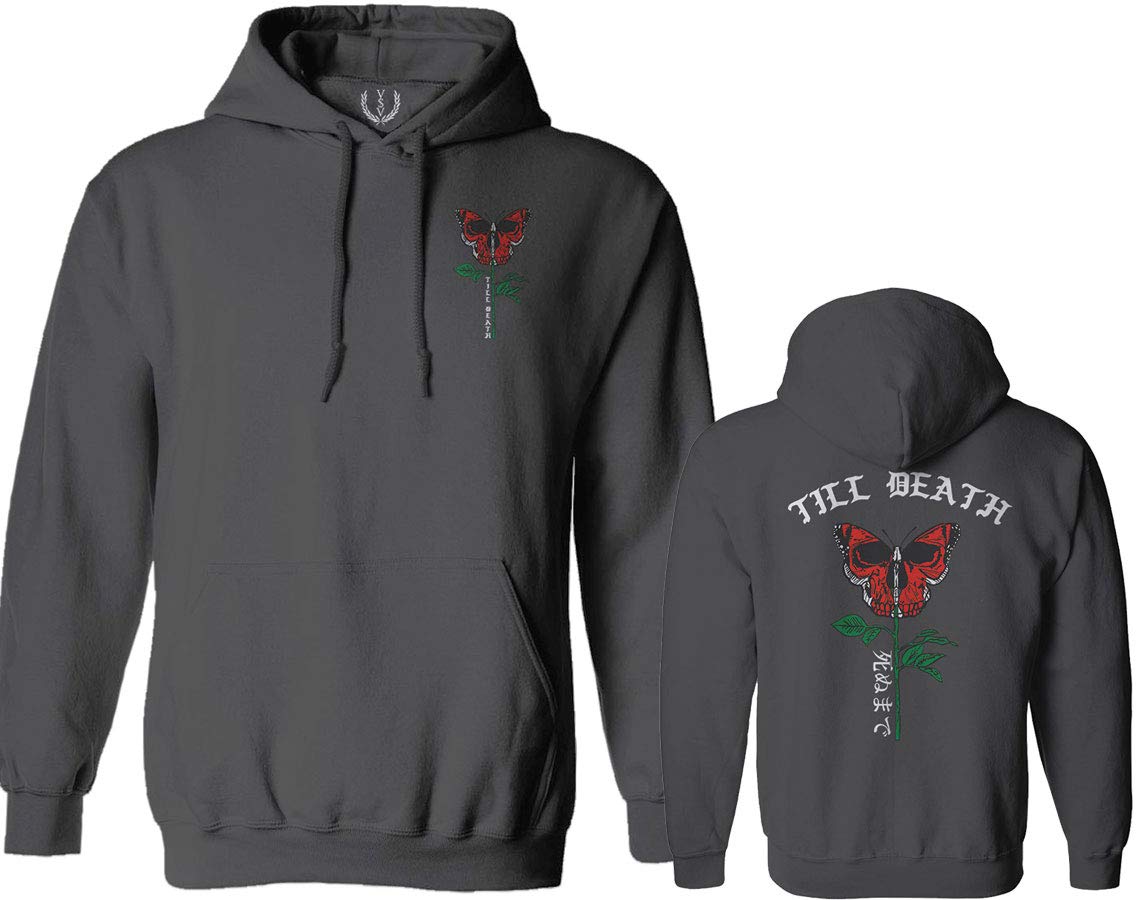 VICES AND VIRTUESS 0320. Till Death Red Rose Flower Skull Primitive Butterfly Gothic Sweatshirt Pullover Hoodie