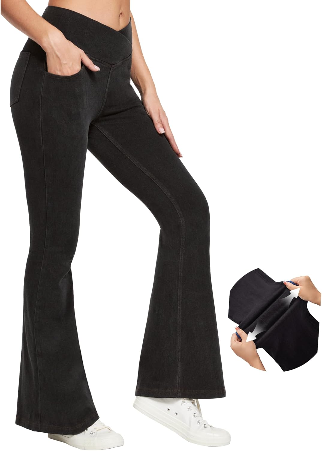 IUGA High Waisted Bell Bottom Jeans for Women Flare Stretchy Jeans Pull On Wide Leg Jean Woman V Cross Flare Leggings Pants