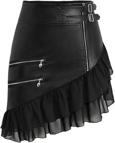 Rgothic Gothic PU Panel Skull Zipper Buckle Ruffles Asymmetric Patchwork Skirt B