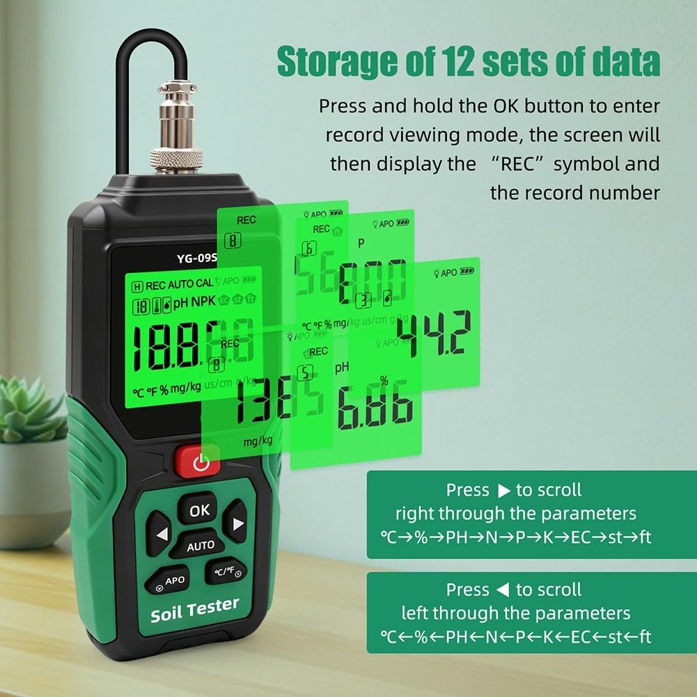9 in 1 Misuratore del terreno NPK Sensore Digital pH Tester | Misura NPK, pH, umidità, temperatura, conduttività, salina, fertilità; dati precisi per una concimazione ottimale