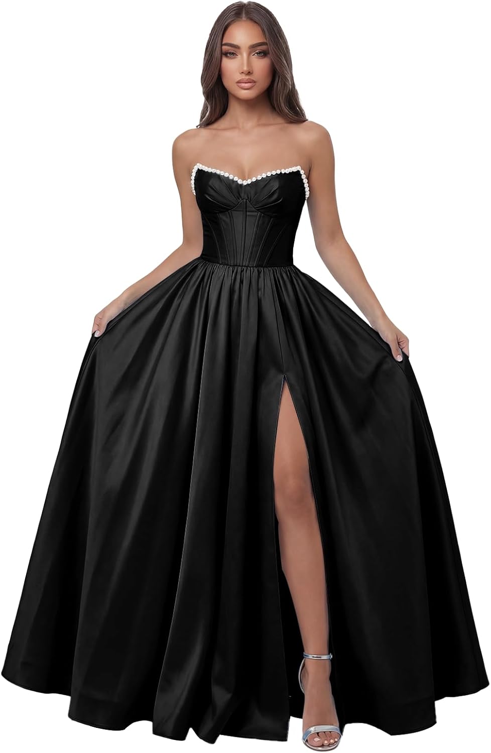 Sweetheart Black Pleated Prom Dresses for Juniors 2026 Long Strapless Satin Pearl Ball Gowns with Slit Pockets A-line Corset Sweet 16 Dress Size 16
