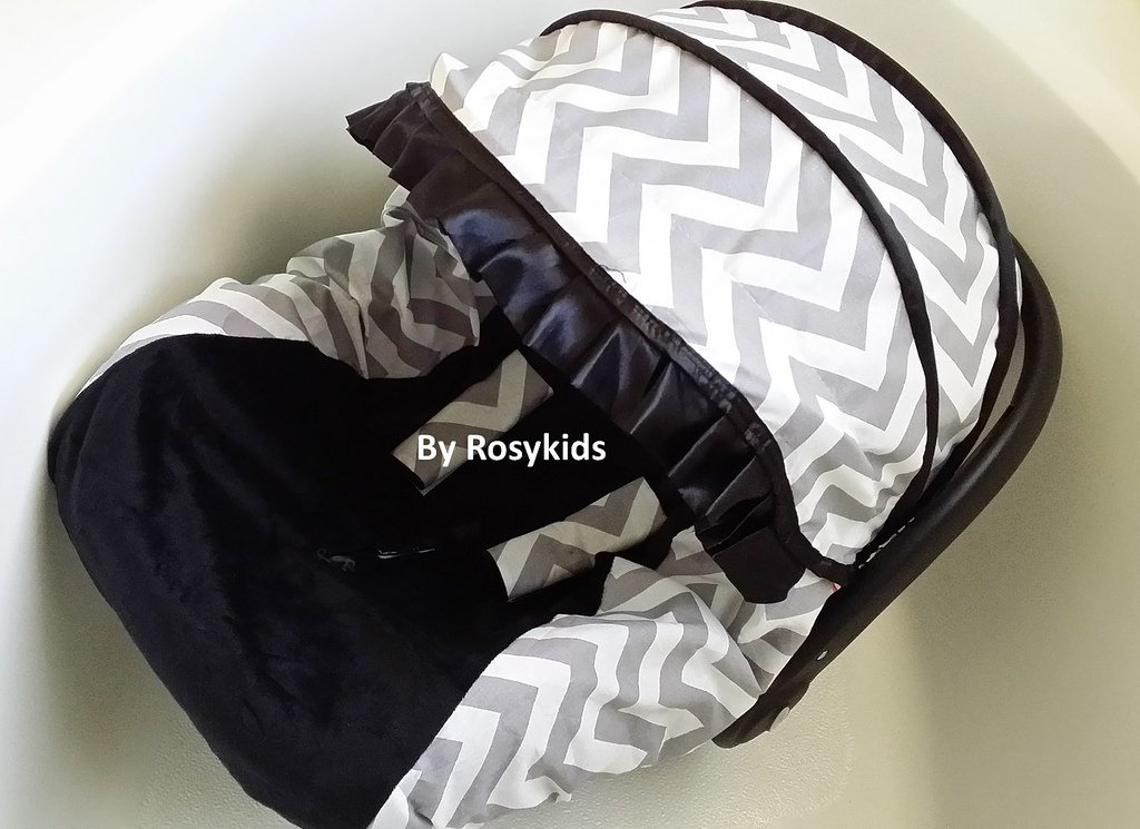 Rosy Kids Infant Carseat Canopy Cover 4pc Whole Caboodle, Baby Car Seat Cover Baby Blanket Outdoor Kit, Cotton Chevron Print, Light Grey