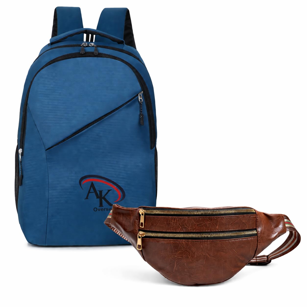 Blue Backpack with Brown Faux Leather Waist Bag, Multi-Pocket Combo Set-image-40