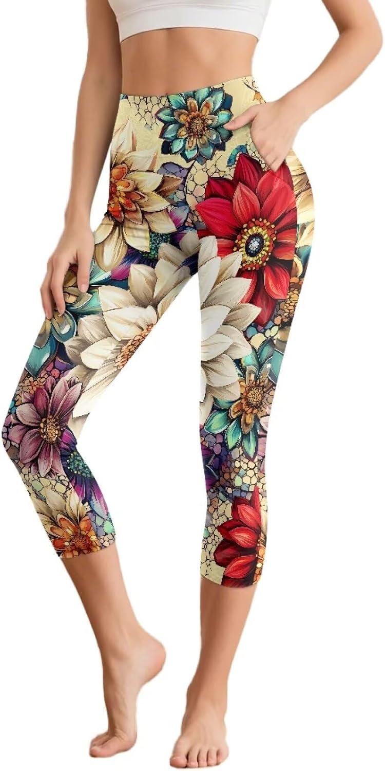 Capri Leggings for Women Hign Waist Elastic Breathable Plus Size Yoga Pants with Pockets for Workout or Casual Wear