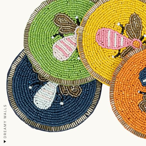 Image of Dreamy Walls 4'' Honeybee Beaded Coasters for Drinks, Tabletop & Coffee Table | Easy Clean, Non-Slip & Heat-Resistant, Party /Office /Home Decor | 4 Inches, Set of 4, Multicolor, Embroidered, Round