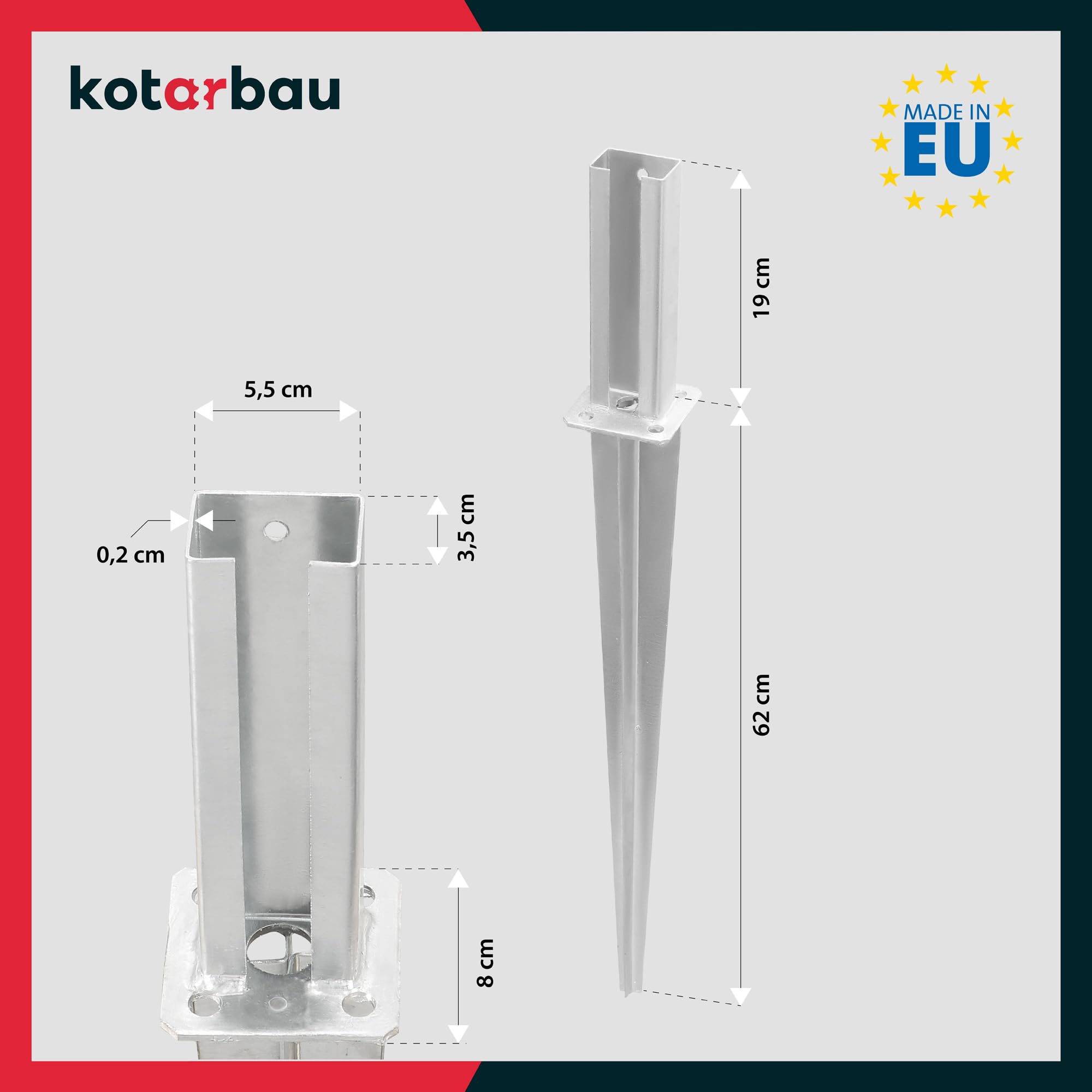 KOTARBAU® 4 Piezas Soporte para Clavar en Tierra - Acero Galvanizado - 60x40 cm - Plata - Piqueta para Poste - para Valla Metálica - Soporte Poste con Punta - Resistente A La Corrosión