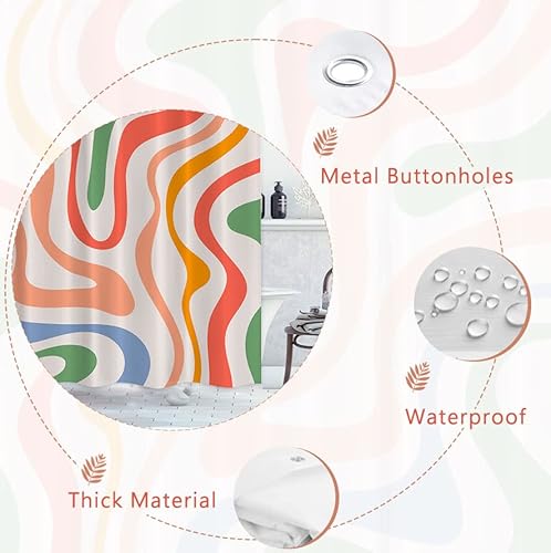 Retro Shower Curtain Aesthetic Shower Curtain 72Wx72L Inch 70S Shower Curtain Cute Shower Curtain Vintage Colorful Groovy Wavy Swirl Funky Trendy 60S Abstract Boho Waterproof Polyester Fabric 12 Hooks #TOP3