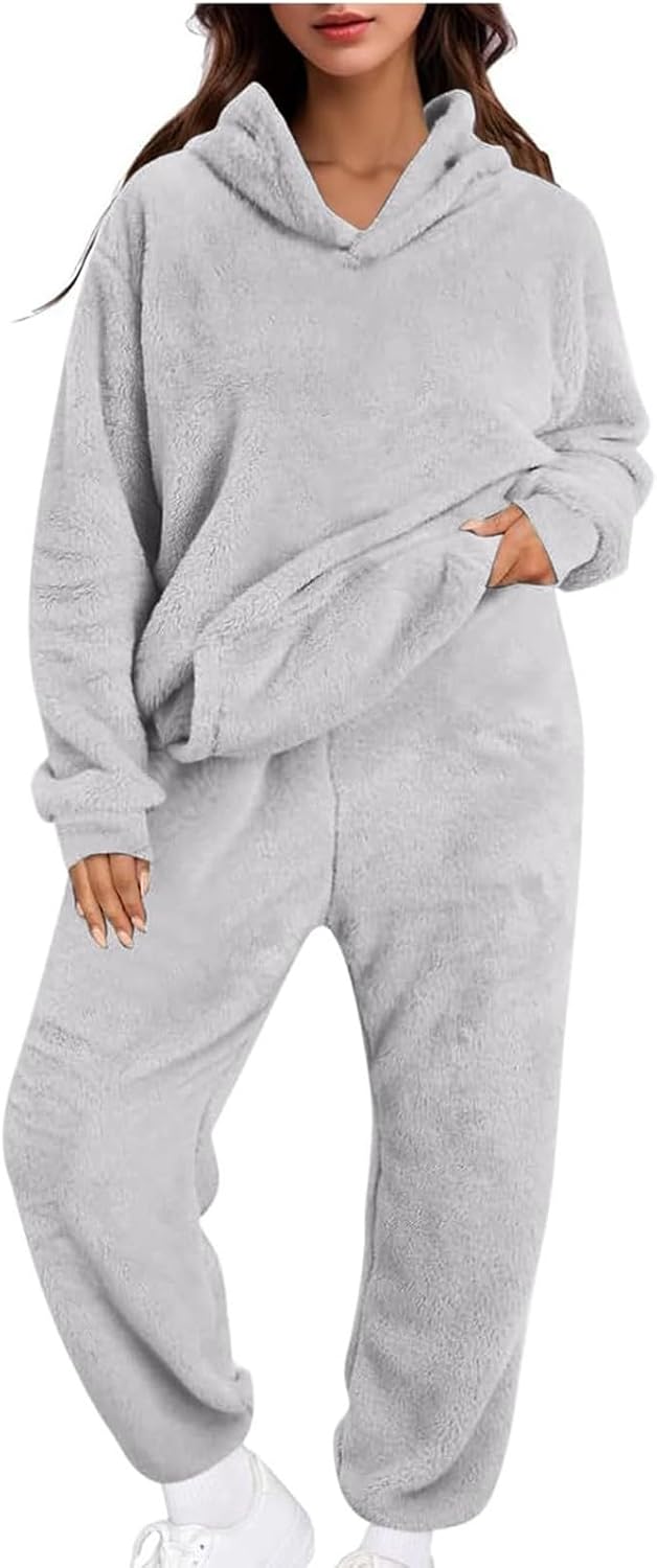 Womens Sherpa Sweatsuits Fuzzy Fleece Hoodies Casual Sweatpants 2 Piece Fluffy Tracksuits