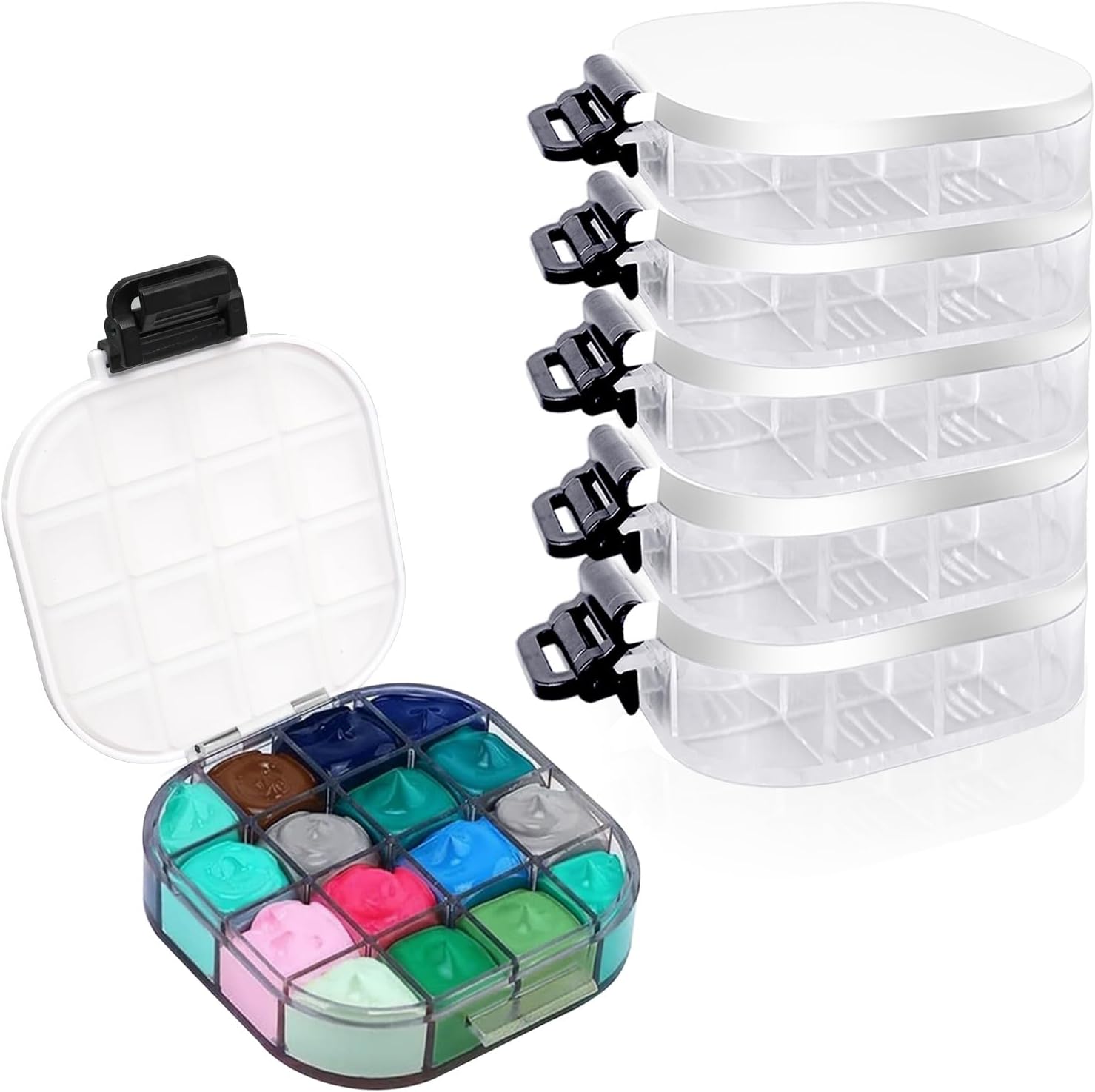 6 Pcs Airtight Paint Storage Palette Box with Lid 4.4x3.5x1 Inch 16 Wells Smal Acrylic Palette Watercolor Tray Container Stay Wet for Painting Art Gouache Oil (Black)