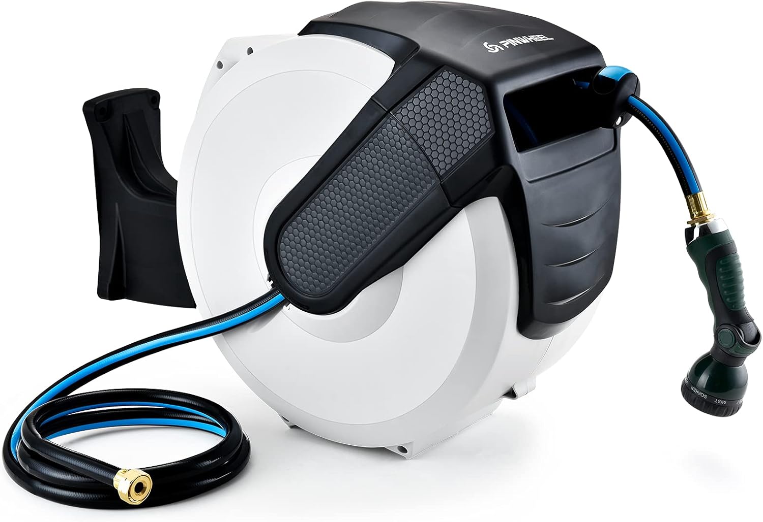 PINWHEEL Garden Hose Reel Wall Mount, Slow Return 1/2 Inch × 120 + 5 FT Retractable Water Hose Reel Automatic Rewind with Any Length Lock, 9 Pattern Hose Nozzle, 180°Swivel Bracket 120+5FT