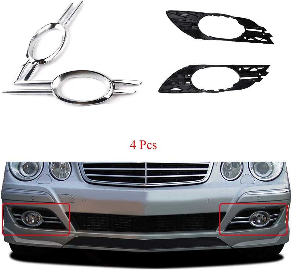 Fog Light Chrome Grille Trim Cover Front Bumper Left & Right 4Pcs Compatible With Mercedes-Benz W211 E320 E350 E550 2007-2009 2118850922/0822 A2118851274/1174