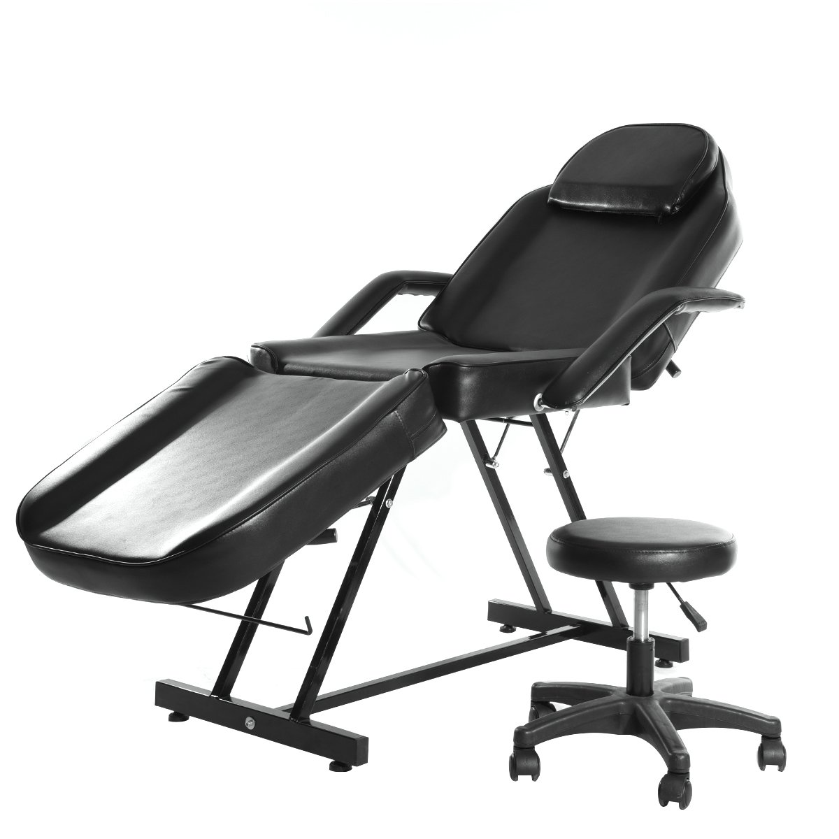 Camilla de Masaje Ajustable Cama de Masaje Plegable de Cuero PU con Taburete para Uso Profesional y Doméstico (Negro)