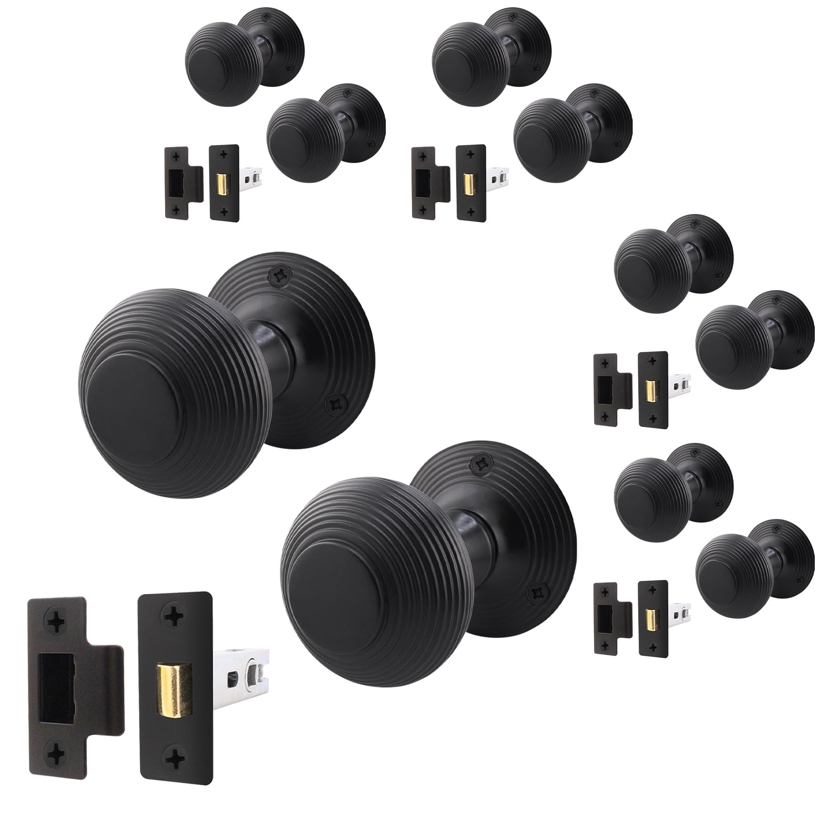 EAI Matt Black Door Knobs with Latch 76mm, 5 Pack - Beehive