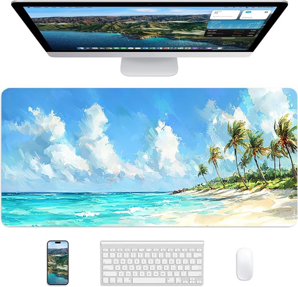Wxuaixnn Spiaggia Tappetino Mouse Gaming XXL 160x80cm Tappetino Scrivania, Impermeabile Tappeto Mouse con Base in Gomma Antiscivolo, Non-Slip Rubber Base, Blu Mousepad XXL per Gamer e Ufficio -9706