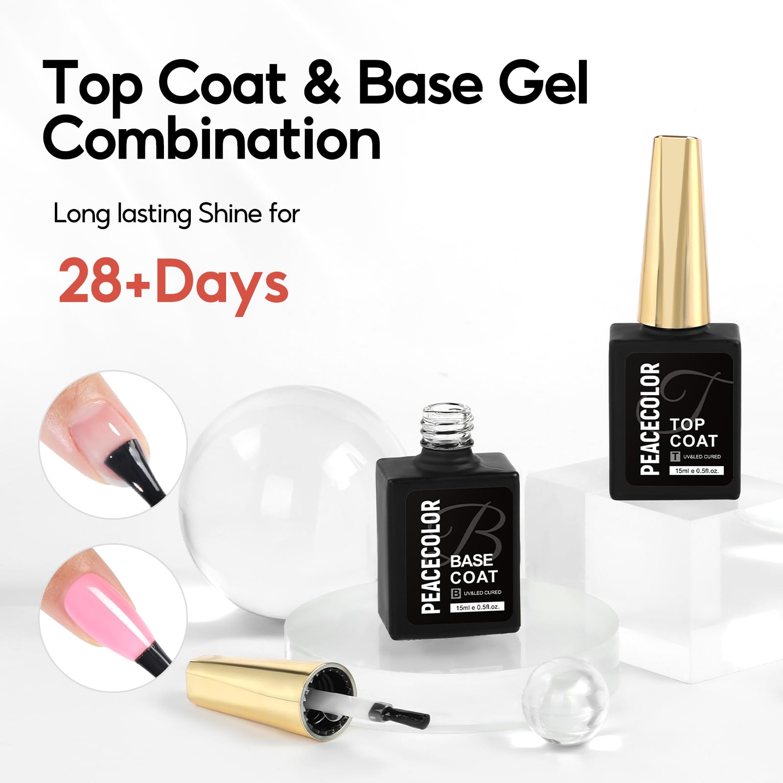 PEACECOLOR 15ML Base et Top Coat Vernis Semi Permanent Soak-Off UV/LED Gel UV No Wipe Top Coat et Base Coat pour Manucure DIY Home
