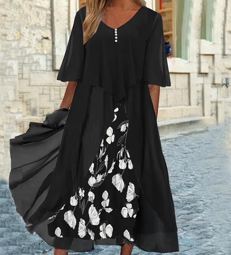 Womens Plus Size Flowy Chiffon Floral Maxi Dresses Elegant Half Sleeve V Neck Cocktail Wedding Guest Dresses - Image 2