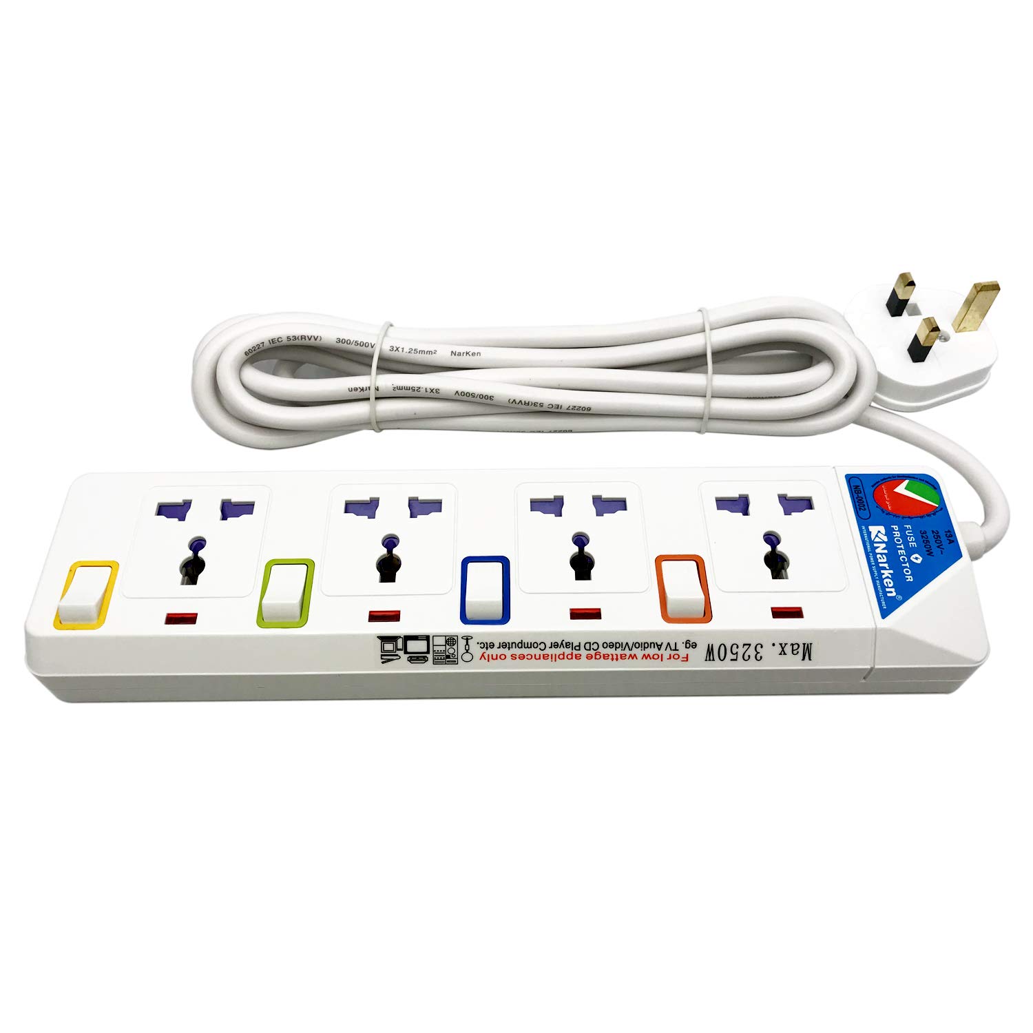 Narken Sister-A UK 13A Standard Grounding 4 Gang Electrical Extension Socket with Fuse Protector 4 Way 3 Meter Cable (4 Way 3 Meter)