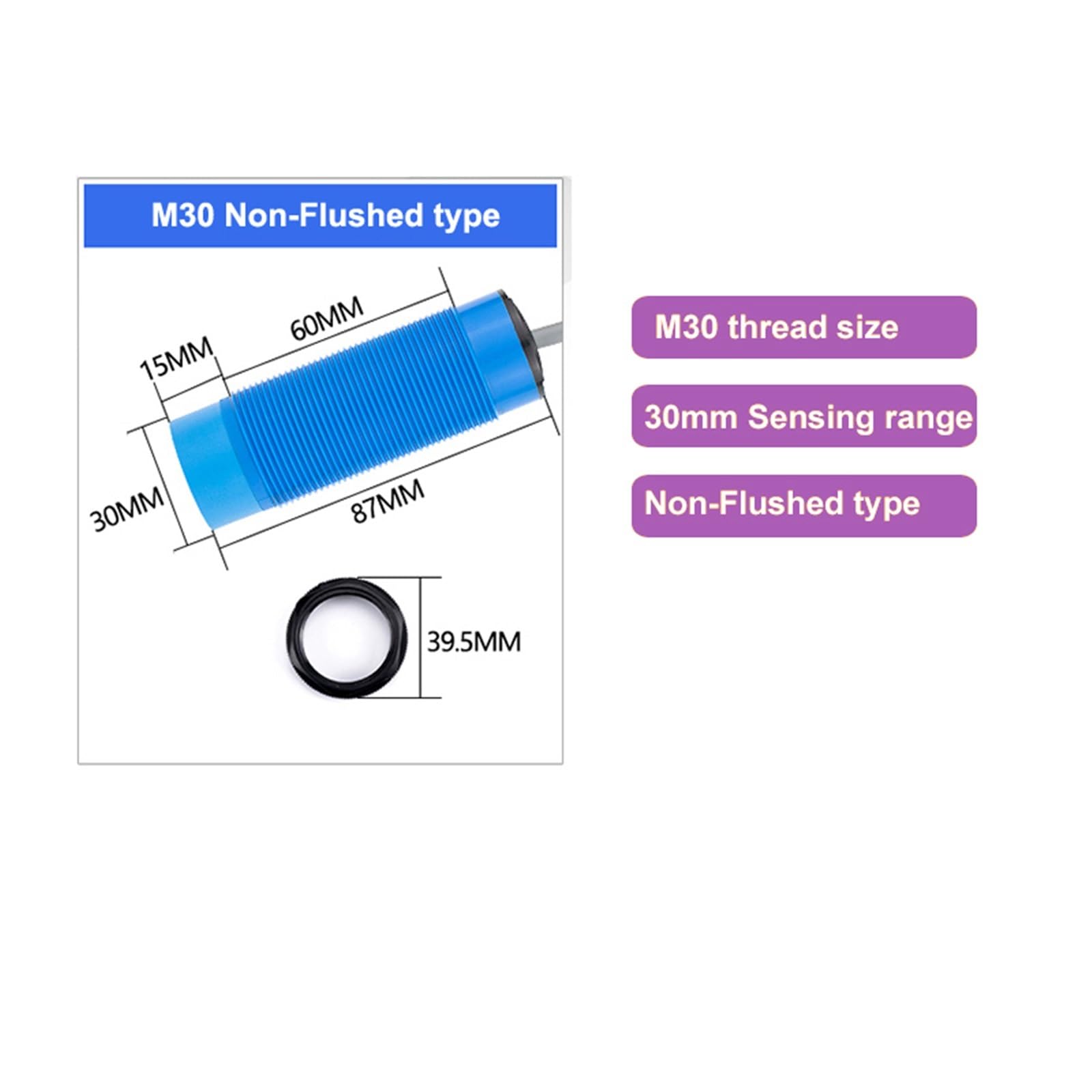 Sensor capacitivo normalmente abierto M12 M18 M30 de largo alcance Salidas tipo CC Detección de objetos metálicos y no metálicos | M30 Non-Flushed 30mm,PNP.N.O.