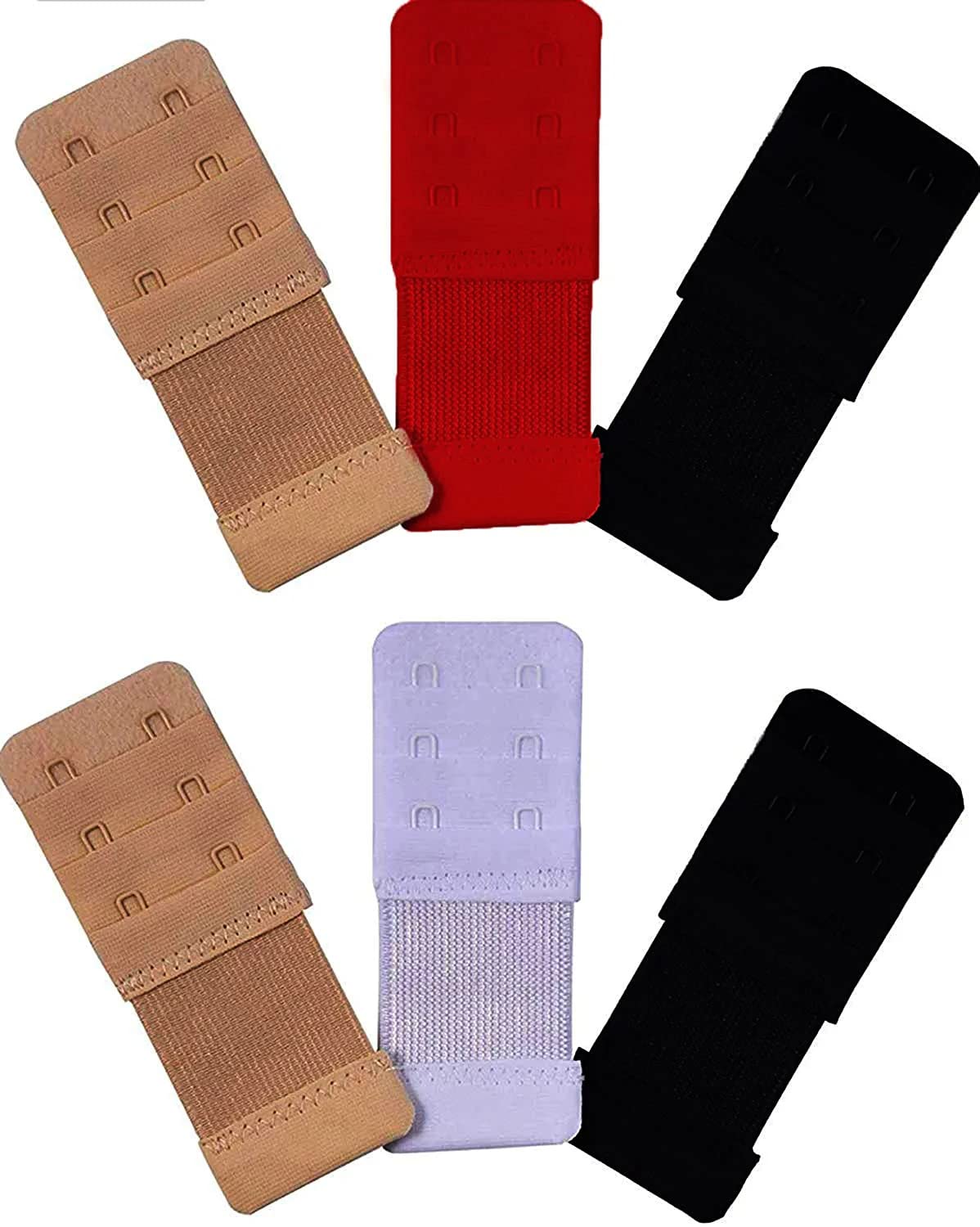 WOOGERWomen Bra Hook Extender - 2 Hook 3 Eye With Extra Elastic Save Your Bra Increase Band Length-Bra Extensions-Bra Extender Hooks for Women-Bra Extender Combo (Pack Of 6 White, Black .Beige, Red)