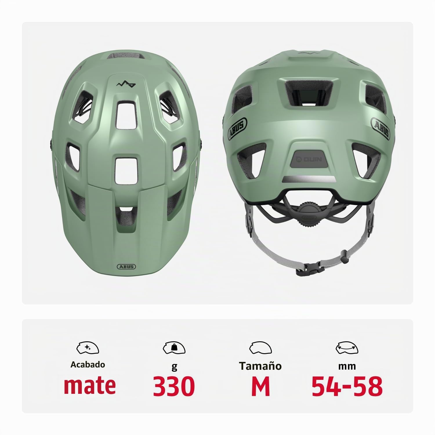 ABUS Casco MTB MoDrop para Bicicleta de Montaña, Verde, M | Tecnología In-Mold, sistema de ajuste, soporte para gafas, abertura para coleta
