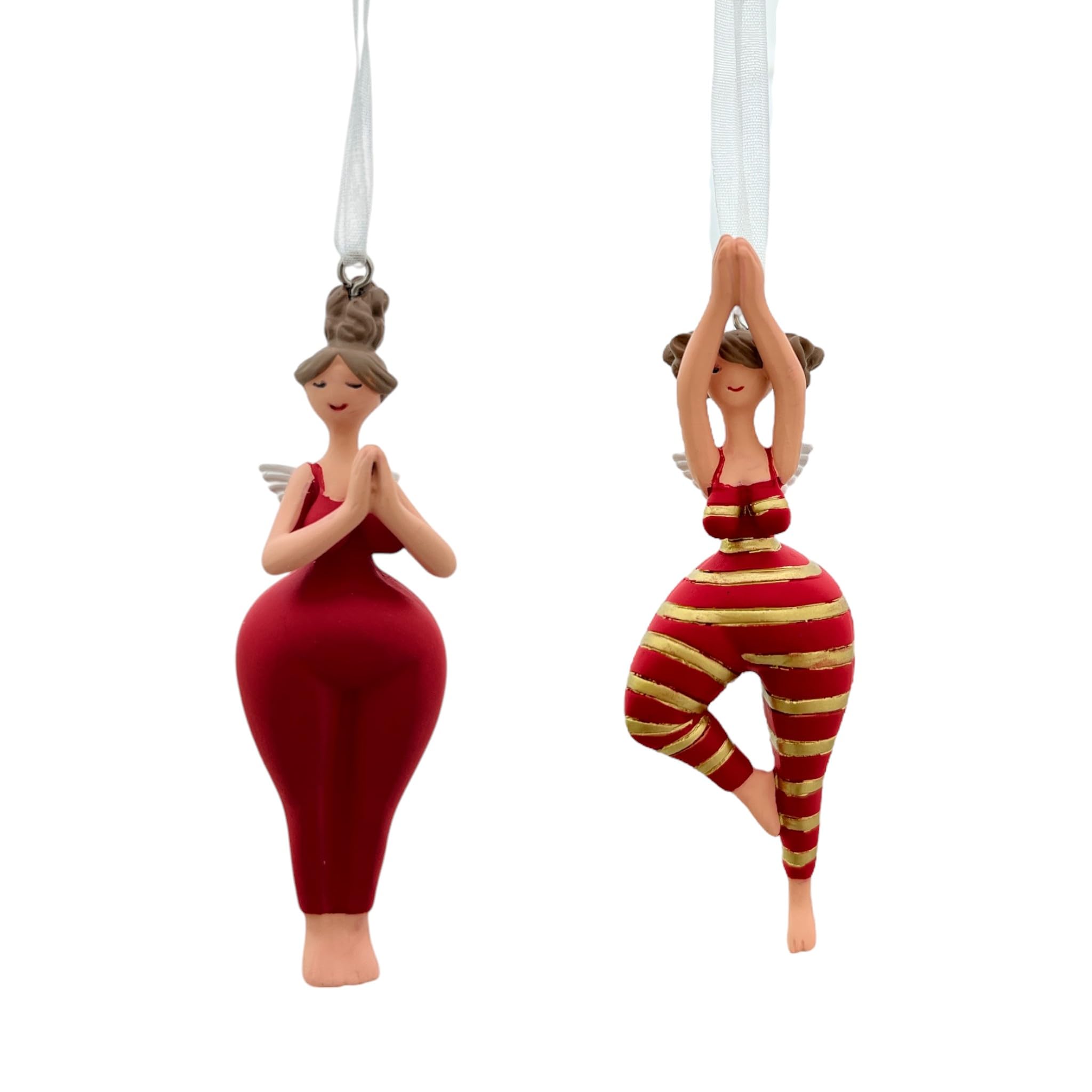 Gall&Zick Yoga Engel Hänger Set (2 STK) – handbemalte Resin-Dekohänger in Yogapose, Weihnachtsbaum-, Fenster- & Wanddeko, Geschenkidee für Yoga-Liebhaber, Yoga-Dame (Rot/Gold)