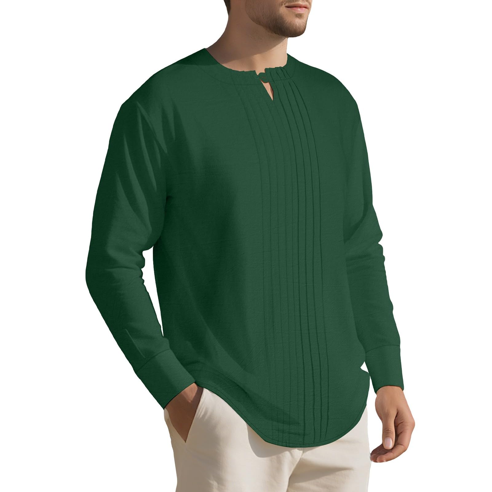 Generico Maglia Henry Uomo Collo Rotondo Maniche Lunghe in Lino Tinta Unica, Taglio Comodo per Autunno E Inverno Stile Sportivo Casual