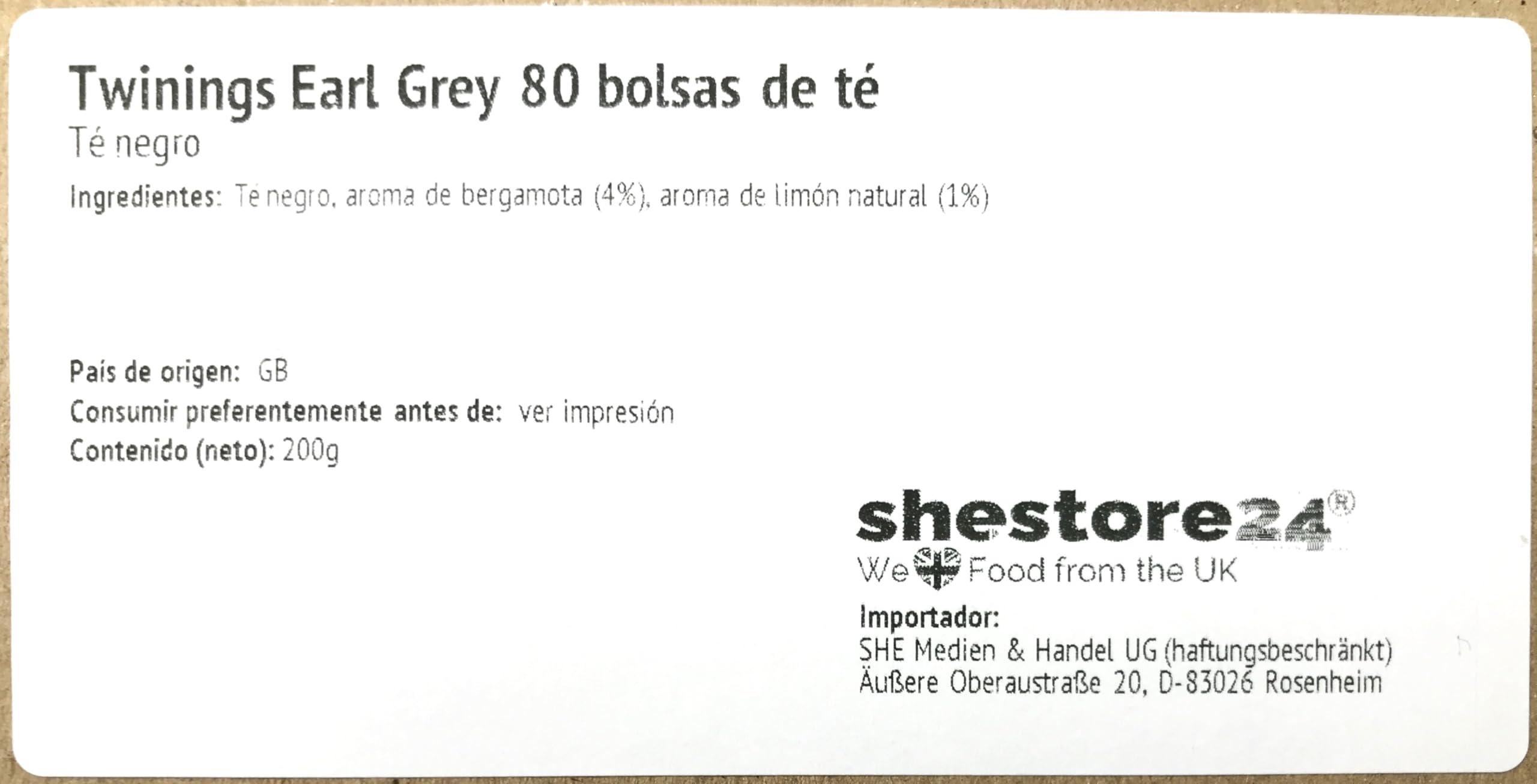 Earl Grey té negro inglés bergamota limón 80 bolsitas