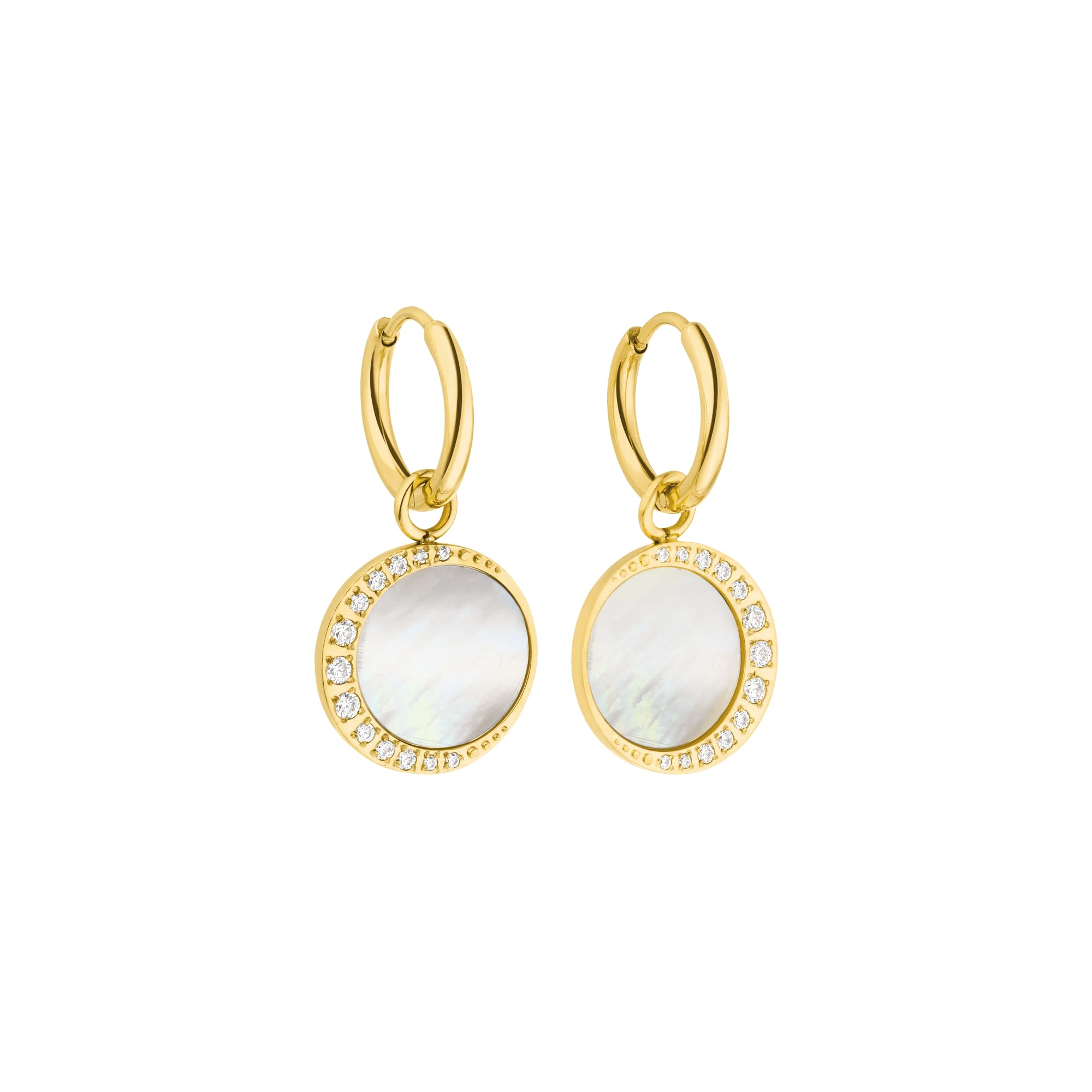 Purelei Shining Moon - Orecchini da donna con madreperla e zirconi, eleganti orecchini a cerchio in acciaio inox con ciondolo a forma di luna, orecchini scintillanti, regalo per donne