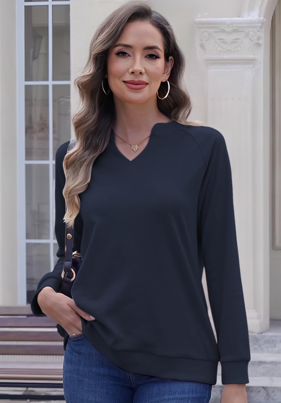 Cuptacc Pull Femme Chic Et Elegant Sweat Femme Col en V Chemisier Manches Longues Couleur Unie Automne Hiver Mode Haut