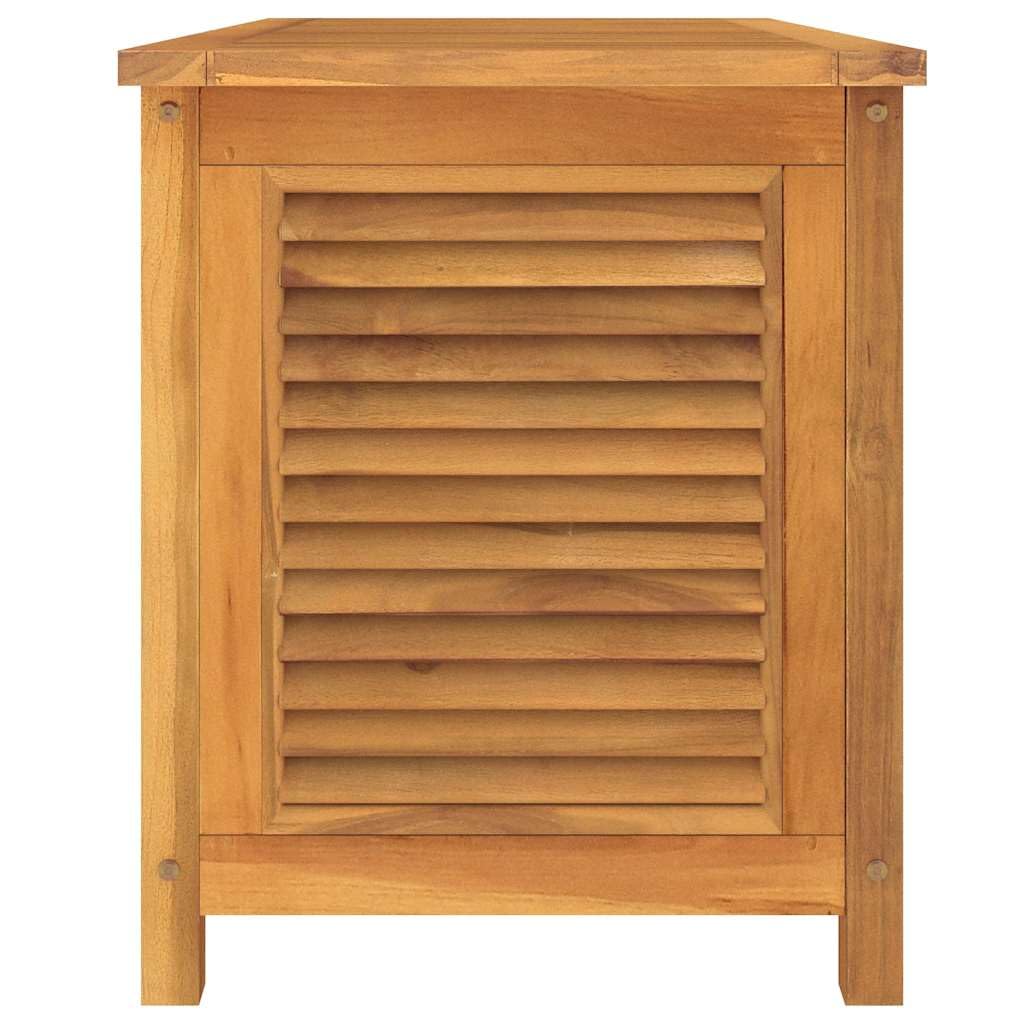 Schowek ogrodowy 114x50x58 cm z litego drewna tekowego | Z wodoodporną torbą PE, wykończeniem na bazie wody, zewnętrznym pudełkiem na narzędzia