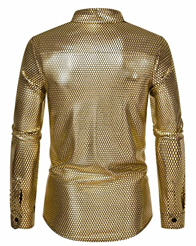 MakingDa Koszula męska Rhombus Bronzing Print z długim rękawem, zapinana na guziki, koszulka z lat 70., kostium na dyskotekę, Złoty, M