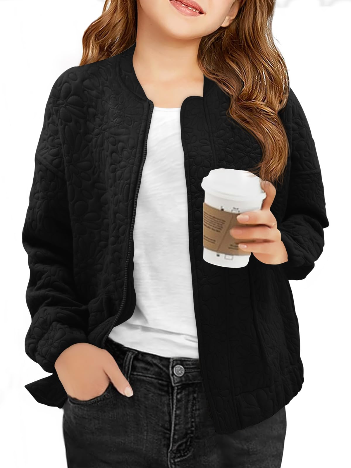 Girls Bomber Jacket Kids Cute Jacquard Zip Up Jackets Fashion Lightweight Outerwear with Pockets