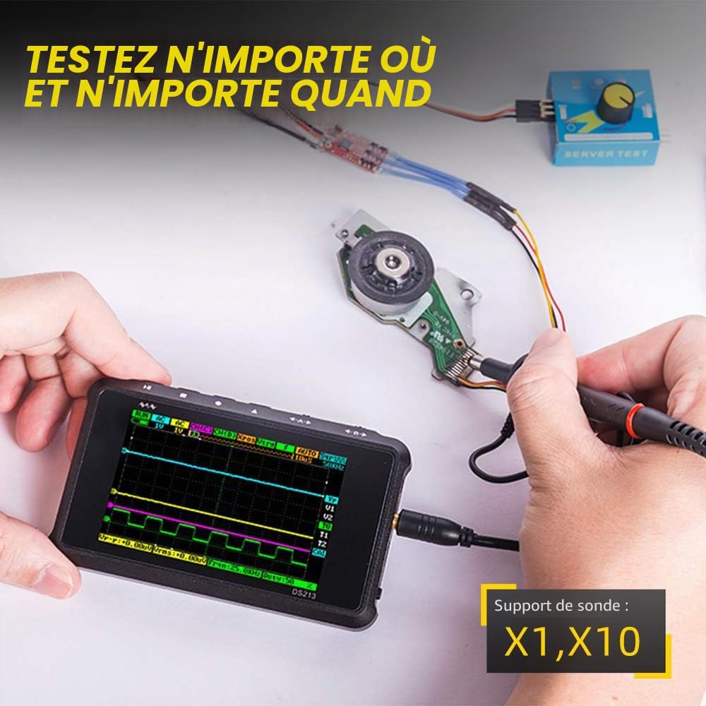 MINIWARE Oscilloscope Portable DS213, Oscilloscope Portable Mini Taille Portable, Batterie Rechargeable Intégrée, 4 Canaux, Bande passante 15Mhz, Oscilloscope d'Entrée de Niveau pour Débutant