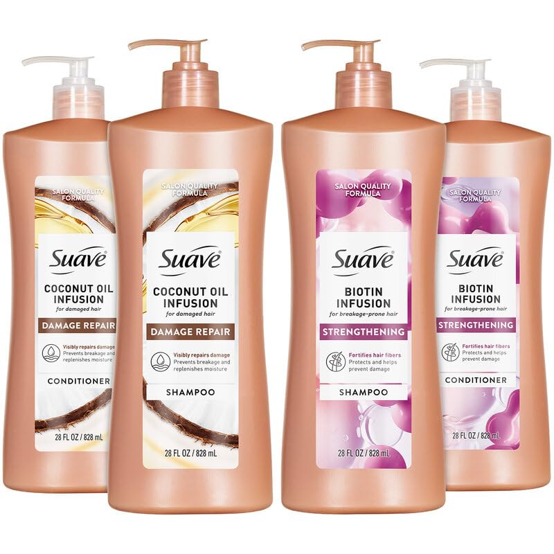 Suave Shampoo and Conditioner Set, Coconut Oil Infusion + Biotin Infusion – Hair Repair & Strengthening Hair Care Bundle, 28 Oz Ea (4 Piece Set)