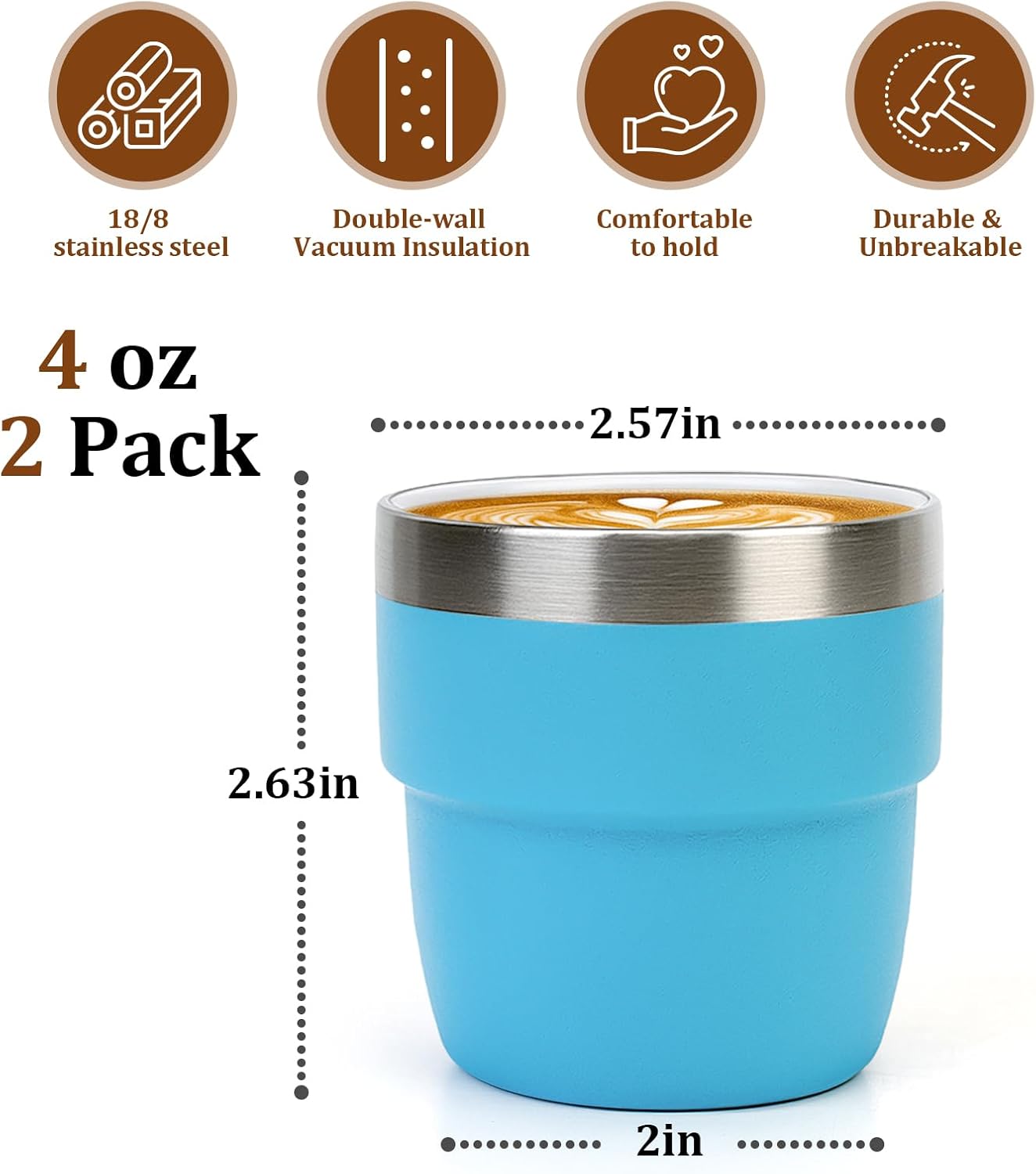 Zenbo 4 oz Espresso/Coffee Cups, Ceramic-Lined Double Wall Vacuum Insulated 18/8 Stainless Steel, Stackable & Dishwasher Safe, Space-Saving, Compatible with Most Espresso & Coffee Makers, 2 Pack - Image 4