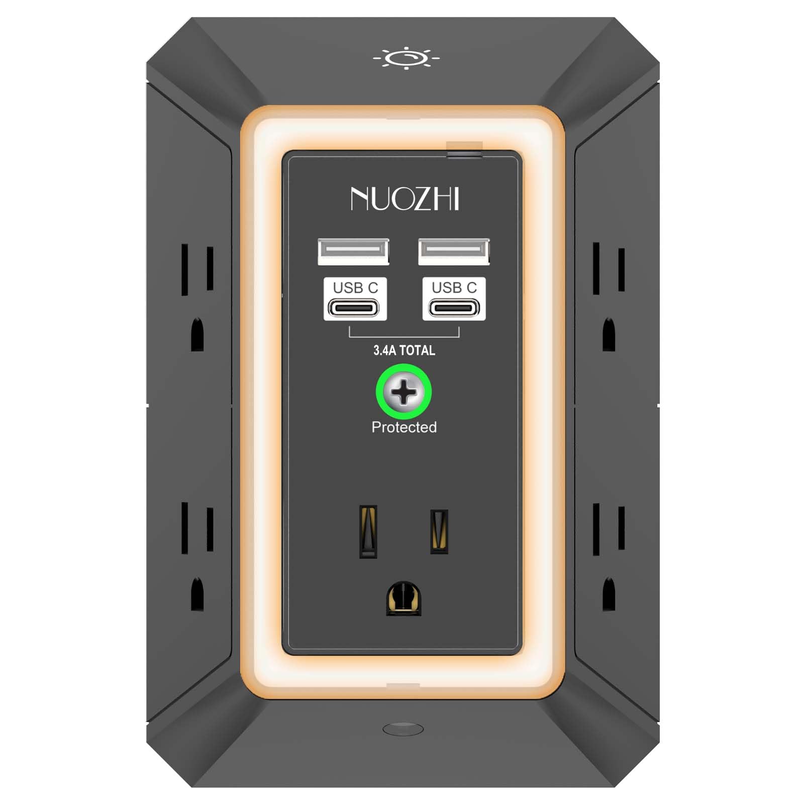 Multi Plug Outlet Surge Protector, NUOZHI 5 Outlets and 4 USB Ports(2 USB-C) and Night Light, 3-Sided Power Strip with Adapter Spaced Outlets for Home, Office, Travel, ETL Listed, Black 5-Outlets/Night Light Black