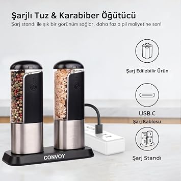 Neo Şarjlı Stantlı Karabiber, Tuz Öğütücü, Şarjlı Otomatik Tuz Öğütücü, 3 Kademe Ayarlı Baharat Değirmeni, LED Işıklı Tuzluk & Biberlik, Portatif Her Alana Uygun Kullanım