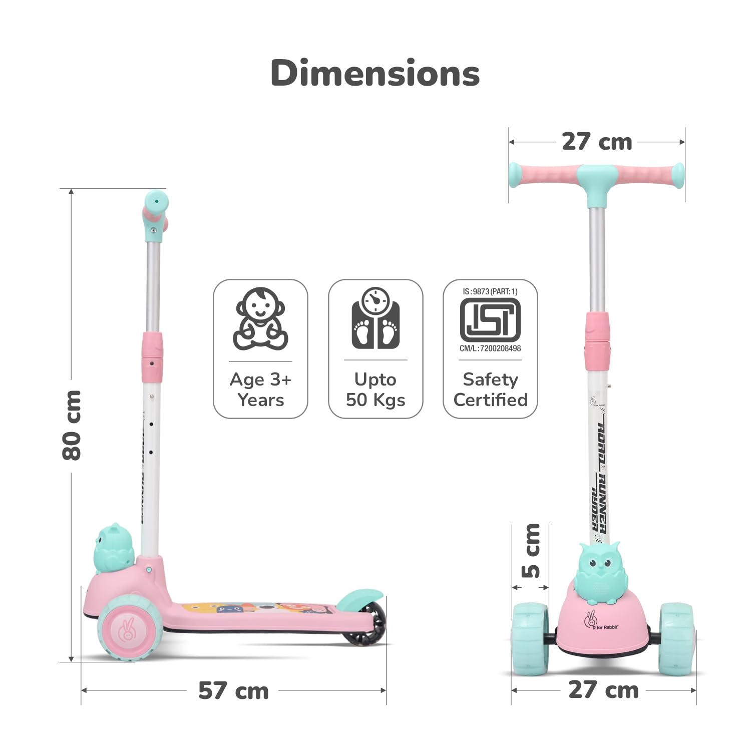 R for Rabbit Road Runner Ryder Kids Scooter, 3 Level Adjustable Height Wide Deck & PU LED Wheels Kick Scooter with Brake for 3+ Years Kids, Weight Capacity Upto 50kgs (Pink Blue) - Image 8 thumbnail