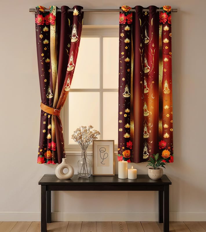 Image of Ultimate Trends Festival Themed Light Filtering Polyester Curtain Diya, Lantern, Lotus & Fireworks Print | Ideal for Diwali, Pooja Room, Living Room Dcor | Eyelets|, 5 FEET (Pack of 2)