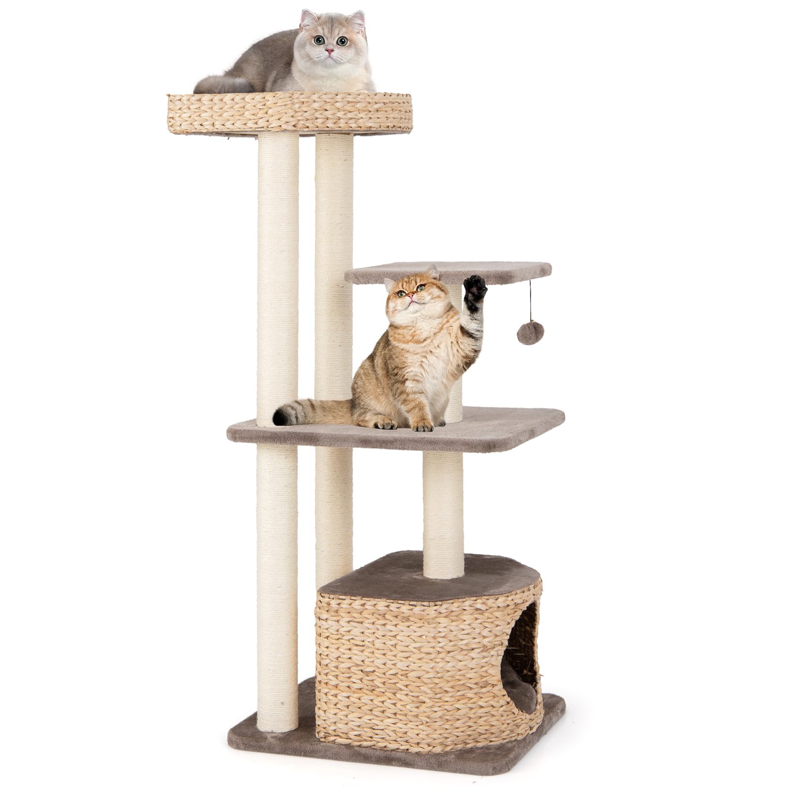 COSTWAY Arbre à Chat en Bois 131 cm Design avec 3 Griffoirs en Sisal, 3 Plateformes, Condo en Quenouille Tressée, Coussins Amovibles, Tour à 4 Étages, Café