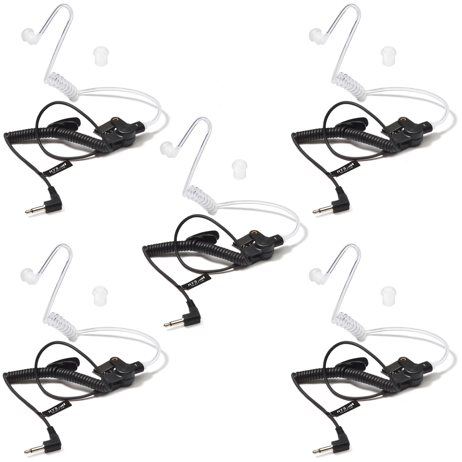 HYS Auricolari con tubo acustico da 3,5 mm, trasparente, con clip di fissaggio, ascolta solo le cuffie in-ear, cuffie di sicurezza per radio (set da 5, nero)
